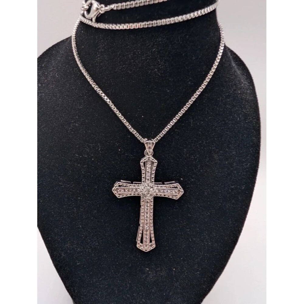 Silver Tone Cross Pendant Necklace Clear Crystal Pave' Box Chain 18" Lobster Cla